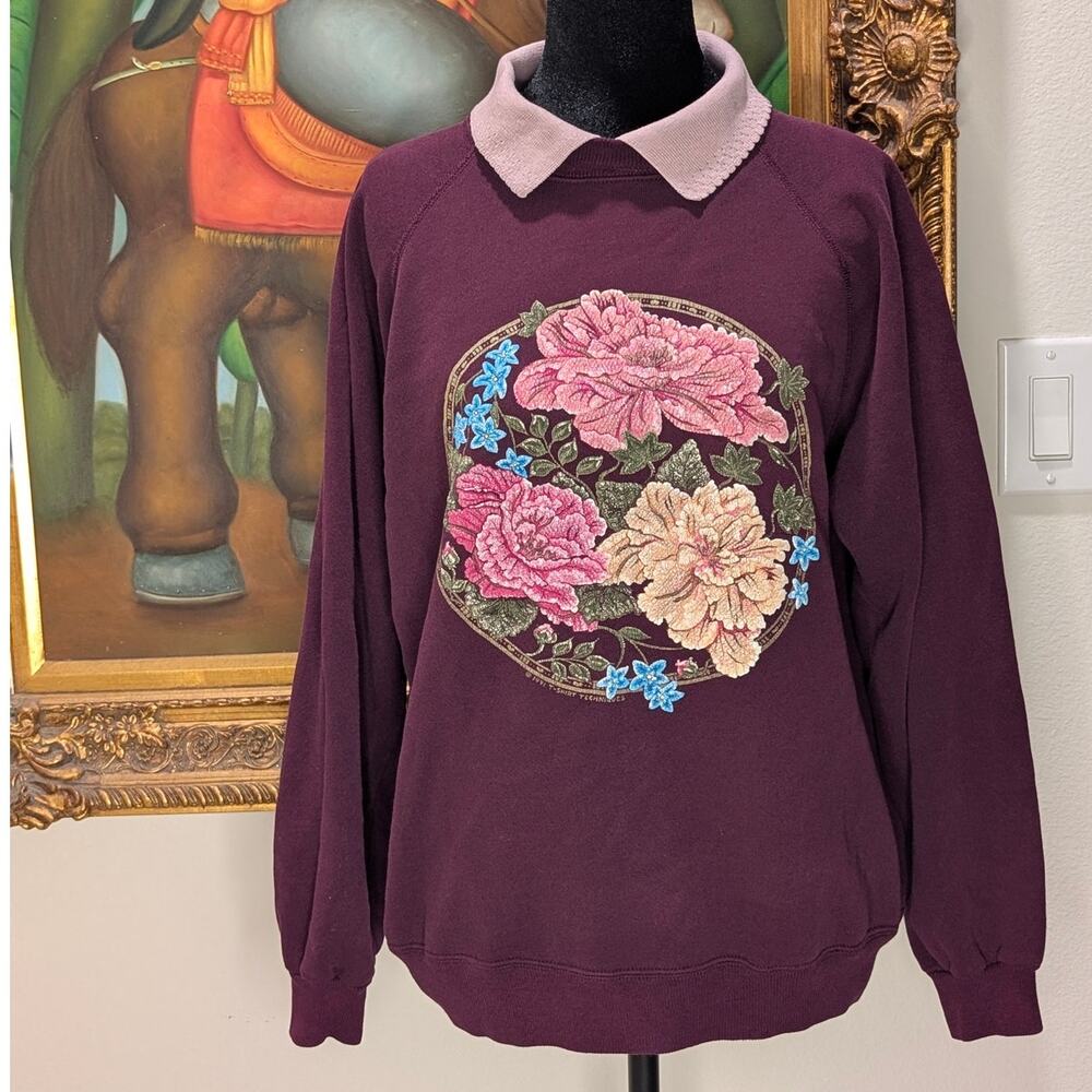 VTG 90s Hanes Floral Collared Sweatshirt Grannycore Maroon Crewneck Womens XL